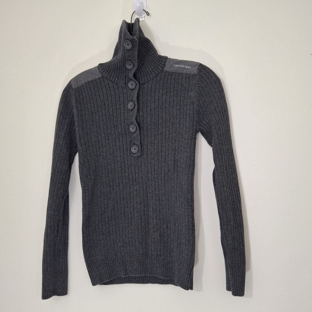 Calvin Klein Gray 100% Cotton Button-Up Turtleneck Sweater
